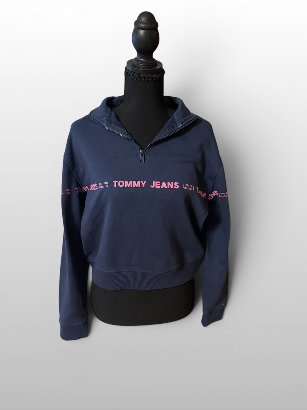 Tommy Jeans Cropped Quarter Zip Logo Sweatshirt Navy Pink S